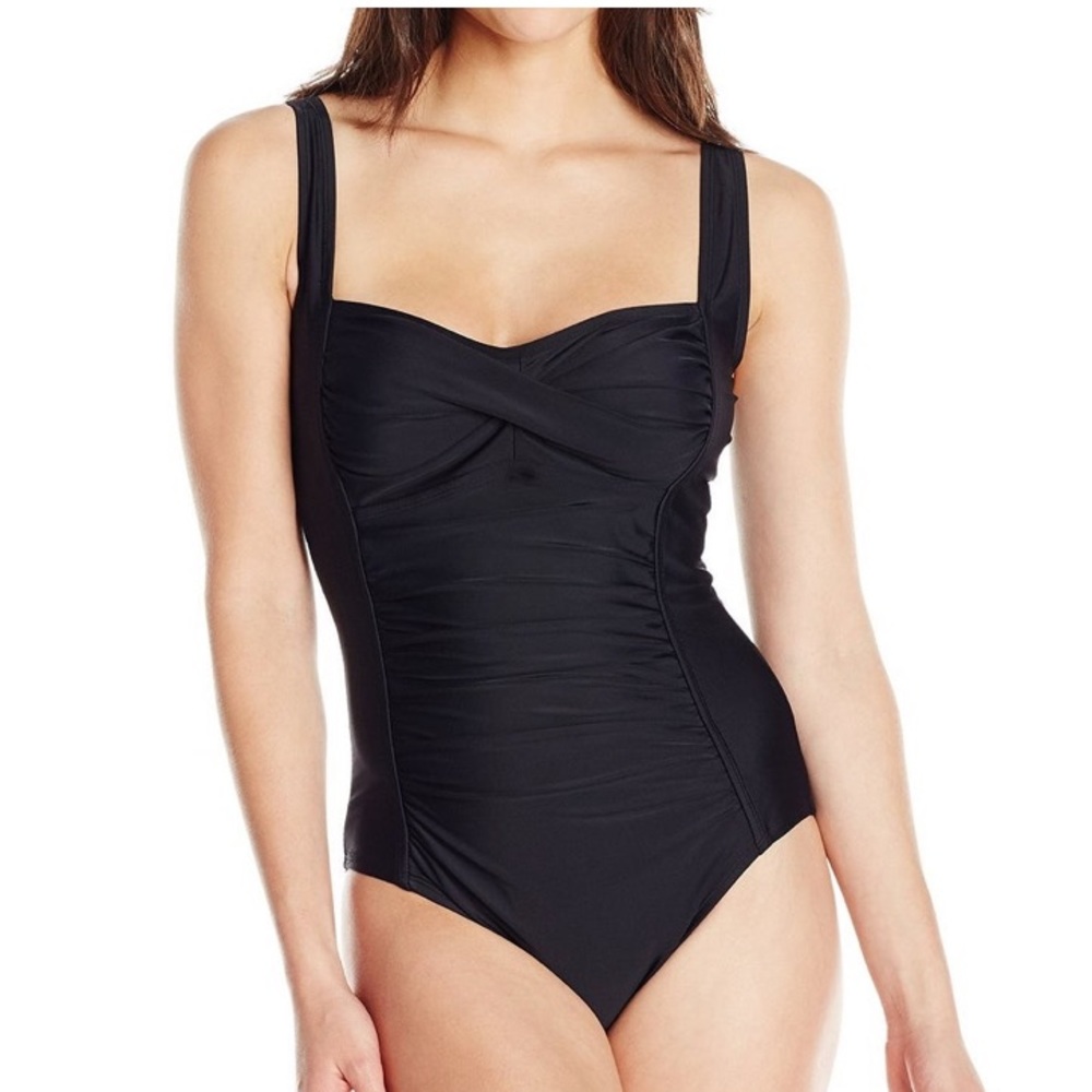 Coastal Blue Shirred Black One Piece Swimsuit NWT